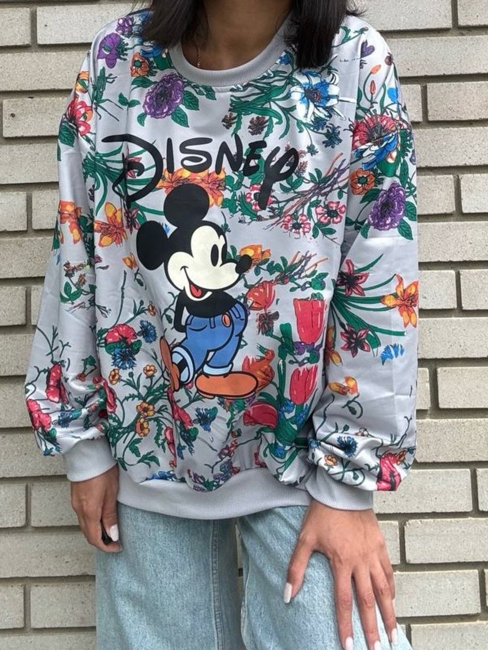 Disney Grey Floral Mickey Sweatshirt with Colorful Blooms - Picture 6 of 9